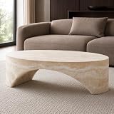 43.31' Oval Fiberglass Coffee Table, Modern Center Table for Living Room, No-Assembly Stone-Look Accent Table, Oval Marble-Inspired Coffee Table, Ivory Travertine Texture