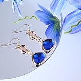 Aliyoham Blue Sapphire Dangle Earrings for Women | 18K Gold Plated Drop Earrings with Pink Crystal, Handmade Hypoallergenic Jewellery Gift - Image 4