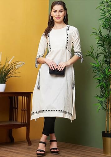 Image of TRENDMALLS Women's Cotton Embroidery Kurti 3 /4 Sleeve Calf Length Stright Kurti for Women
