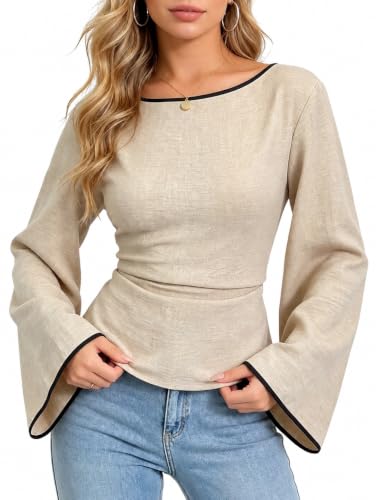 imbpceu Womens Bell Sleeve Tops Boat Neck Cinched Waist Going Out Shirts - image 1