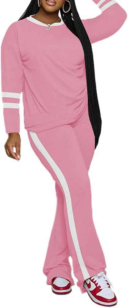 PINSV 2 Piece Sets for Women Fall Casual Outfits Long Sleeve Top and Flare Pants Lounge Sets Track suit