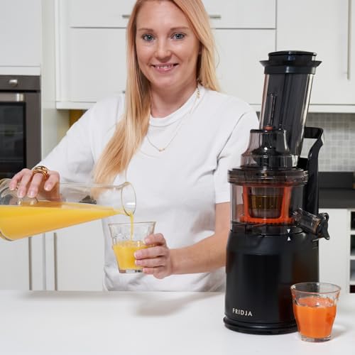 Fridja f1900 Cold Press Juicer, 240W Masticating Slow Juicer with 78mm (3”) BPA-Free Wide Chute, Black Stainless Steel body, Juice, Vegan Nut Milks, Sorbet, Ice Cream, Easy to Clean