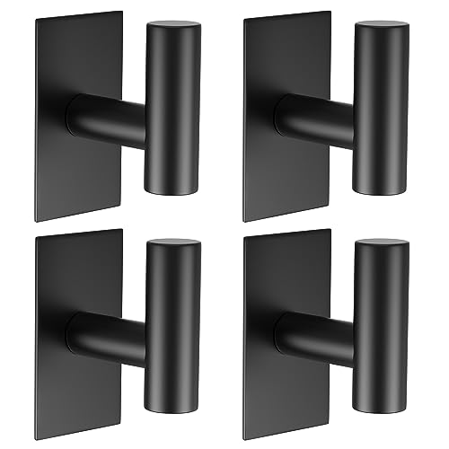 VAEHOLD Wall Towel Hooks, Heavy Duty Sticky Holder Waterproof Towel Hooks for Hanging Coat, Clothes, Closet Hook Wall Mount for Kitchen (Black, Adhesive 4 Pack)