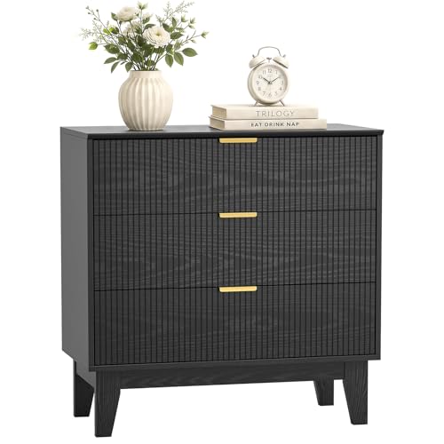 Yvsevnr Cómoda de 3 cajones para dormitorio, de madera, acanalada, antivuelco, organizador de almacenamiento de ropa para sala de estar, pasillo, guardería, dormitorio, color negro