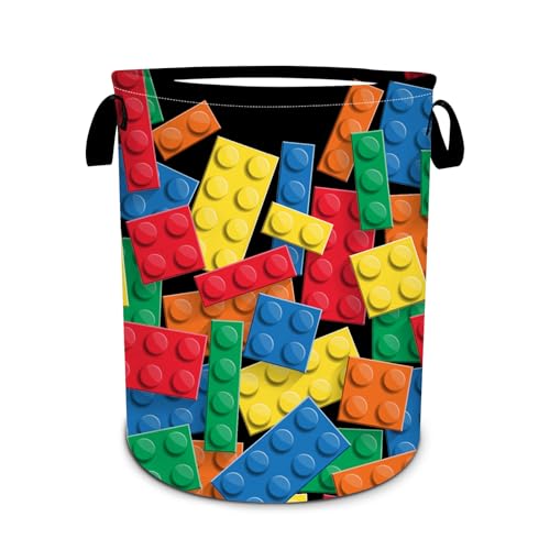 Colorful Building Blocks Laundry Basket, Funny Bricks Laundry Hamper Foldable Waterproof Tote Bag Dirty Clothes Storage Bucket Toy Organizer for Bathroom/Laundry/Bedroom 15.7"x19.6"