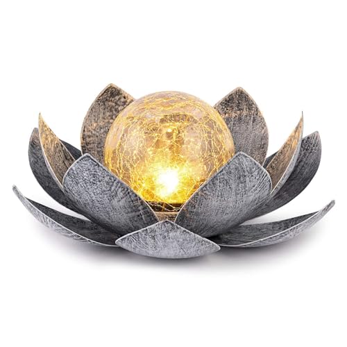 Lampe solaire de jardin en métal précieux et verre craquelé effet lotus
