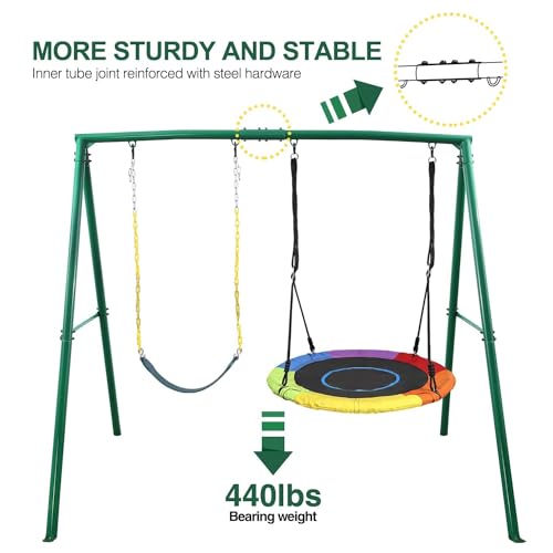 Trekassy DR0589C-A08 440Lbs 2 Seat Swing Set For Backyard, 1 Saucer Swing And 1 Belt Swing With Heavy Duty Outdoor A-Frame Metal Swing Stand thumb #1