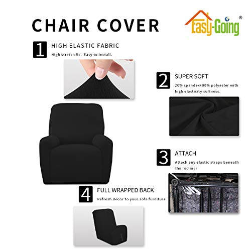 Image of Easy-Going 4 Pieces Stretch Recliner Chair Slipcover | Spandex Soft Fitted Sofa Couch Cover, Washable Furniture Protector with Bottom for Kids, Pet Black