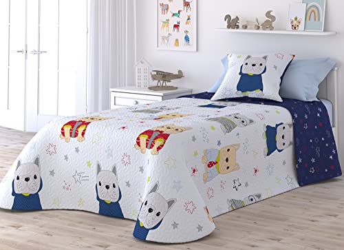 Liniva Home - Colcha Bouti Infantil Reversible Cosida - Modelo Mascota - Azul, Cama 105 cm