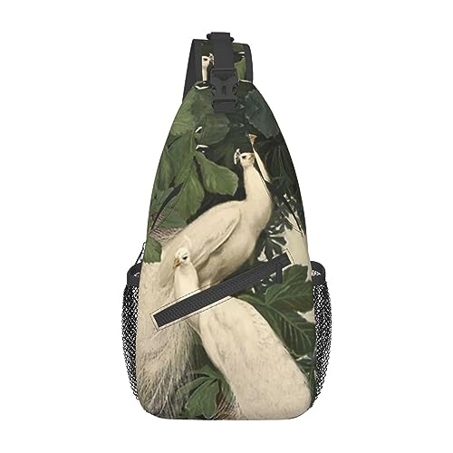 Sac à dos à bandoulière paon blanc au motif imprimé unique, sac de poitrine noir