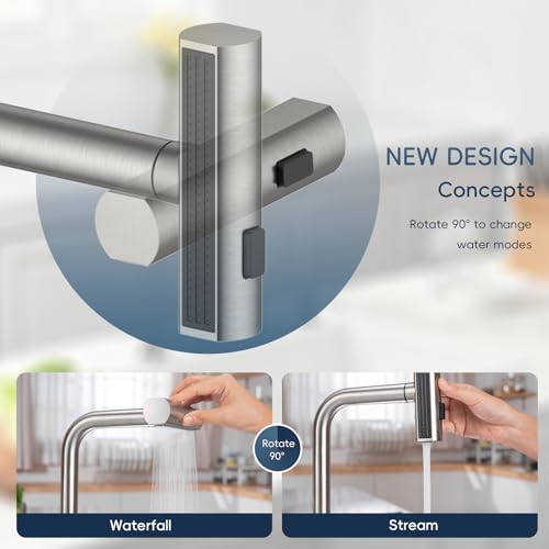 Image of Waterfall 4 Hole Kitchen Faucet with Soap Dispenser, Two-Handle 3 Modes Multifunctional Waterfall Faucet with Sprayer Stainless Steel Pull Down Kitchen Sink Faucets (Brushed Nickel)