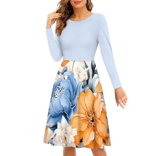 Midi Dresses for Women Fall Long Sleeve Puffy Dress Size S-4XL