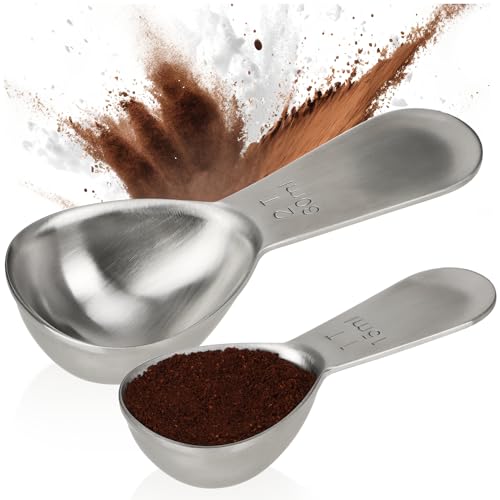 COM-FOUR® 2x cucharas de café de acero inoxidable - cucharas medidoras en dos tamaños - cucharas medidoras con mango ergonómico - cucharas medidoras para cocinar (color plateado - 30ml + 15ml)