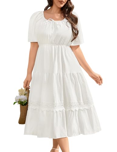 CMTOP Robe Longue Femme Été Grande Taille Chic et Élégante Col Carrée Robes Manches Courtes Décontractée Ample Robe de Plage Mi Longue Fluide A-Line Légère...