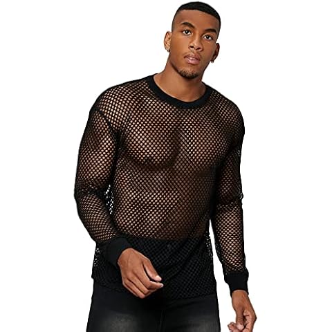 SOLY HUX Men's Sheer Mesh Long Sleeve Round Neck T Shirt Fishnet See Through Clubwear Top Black M Cover