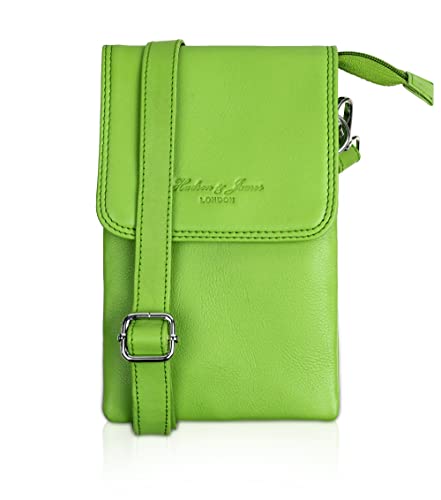 Morbida pelle di mucca Hudson & James Borsa per telefono in vera pelle, borsa per telefono in vera pelle, piccola borsa a tracolla da donna con tracolla regolabile staccabile, Verde lime, Small