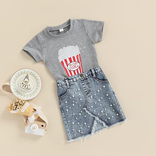 2Pcs Todder Girls Summer Clothes Outfits Short Sleeve Popcorn Pattern T Shirt And Pearl Denim Skirt Set 1-6T (Gray, 18-24 Months) #TOP1