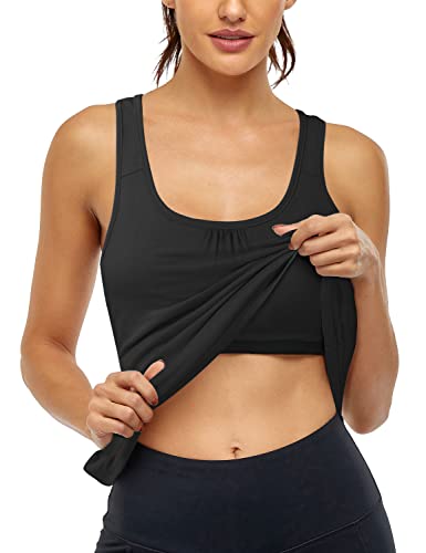 Miusey Summer Tank Tops for Women, Ladies'Shelf Sports Bra Athletic Racerback Tank Shirts Comfortable Relaxed Pleated Exercise Pullover Plain Casual Homewear Light Weight Black X-Large