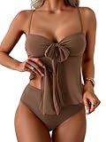 B2prity Womens Mesh Tankini Swimsuits Flowy Two Piece Bathing Suit V Neck Tie Knot Swim Top with High Waisted Bottom Brown