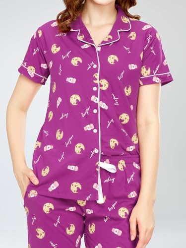 Image of ZEYO Night Suit for Women's Cookies & Cup Printed Cotton Night Dress of Shirt and Pajama Set 5752