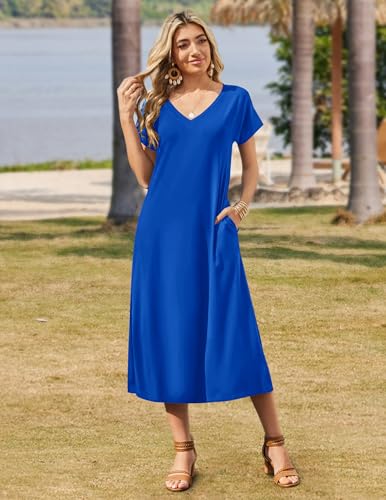 Image of Zeagoo Women Summer Floral Dress Short Sleeve Beach Dress with Pockets Casual V-Neck Split Long T-Shirt Dress Travel Vacation
