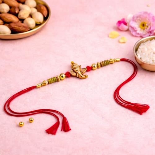 Image of JAIPUR ACE Divine Lord Ganesha Rakhi for Brother with Red Thread and Premium Beads, Traditional Raksha Bandhan Gift Set with Roli Chawal and Card, Designer Rakhi for Men and Boys (Ganesh Rakhi)