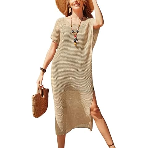 VOTEPRETTY Womens Swimsuit Coverup Sets 2024 2 Piece Outfits Crochet Beach Swimwear Loose Knit Vacation Casual Dresses Khaki Cover