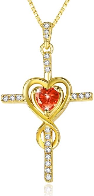 Cross Necklace for Women 14K Gold Plated Dainty Heart Birthstone Pendant Infinity Necklaces Religious Jewelry Christian Baptism Faith Anniversary Birthday Gifts for Wife Mom