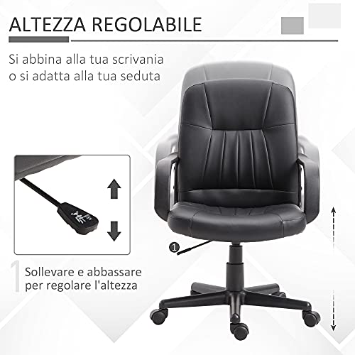 Sedia da Ufficio Ergonomica e Girevole, Poltrona da Ufficio con Altezza Regolabile in Similpelle 60x60x94-103cm Nero - Sedia gaming - Immagine 4