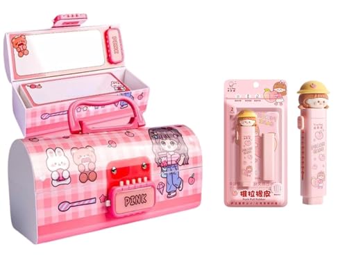 Image of Pink Beauty Pencil Box Set with Eraser, Lockable School Case | Pink Beauty pencil box with handle, lock design and push-pull eraser for organized school supplies.