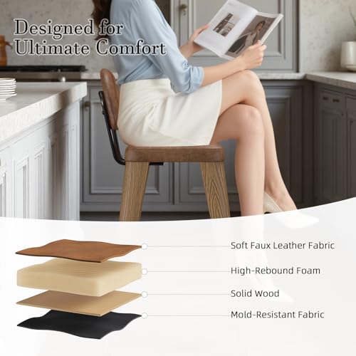 Image of 24 Inch Metal Bar stools Set of 4, Upholstered Counter Height Bar Stools with Removable Back & Metal Legs, Industrial Barstools for Kitchen Island, Cafe (Camel Seat, Wood-Grain Legs)