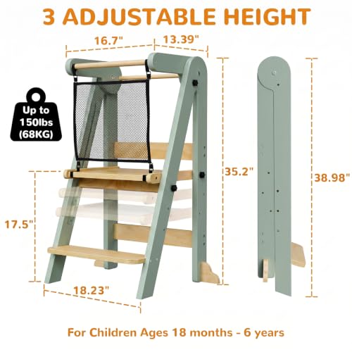 Image of ROOMTEC Foldable Toddler Kitchen Tower, 3 Adjustable Height Wooden Step Stool, Toddler Standing Tower with Safety Net (Green)