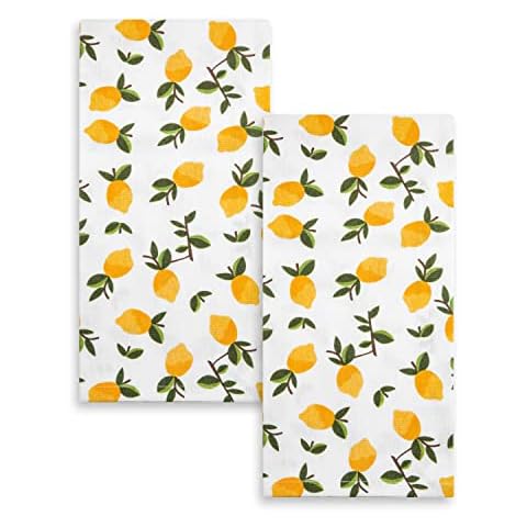 GMIcréatifs 2 Pack, 100% White Cotton Home and Kitchen Hand Towel, Tea Towels, Dish Towels, Bar Towels Yellow Citrus Lemons Print, Absorbent Measuring 24”x 16" Inches Cover