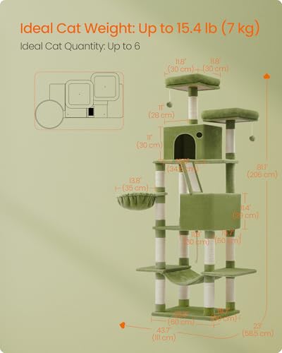 Image of Feandrea Cat Tree, 81.1-Inch Large Cat Tower, Multi-Level Condo, Green | with 13 Sisal Scratching Posts, 2 Perches, 2 Cave, Hammock, Basket, Pompoms for Indoor Cats, Easy to Assemble, UPCT190C01