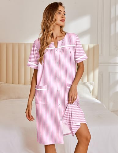 Image of Ekouaer Nightgowns for Women House Dress with Pockets Snap Front House Coat Short Sleeve Duster Moo Moos Sleepwear S-3XL