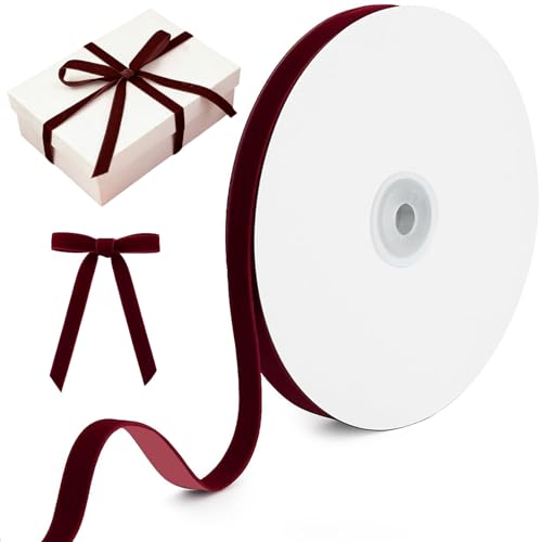 Burgundy Velvet Ribbon - 10mm x 22.8m (3/8 inch x 25 Yards) RARITYLL Single-Faced Roll for Gift Wrapping Christmas Tree Decorations Bows Wedding & Craft Projects