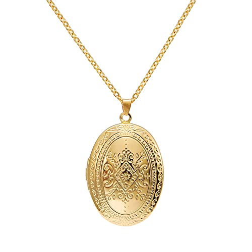 Fuqimanman2020 Vintage Engraved Flower Locket Picture Pendant Necklace Oval Heart Locket Hold Photo Picture Pendant Necklace Memory Jewelry