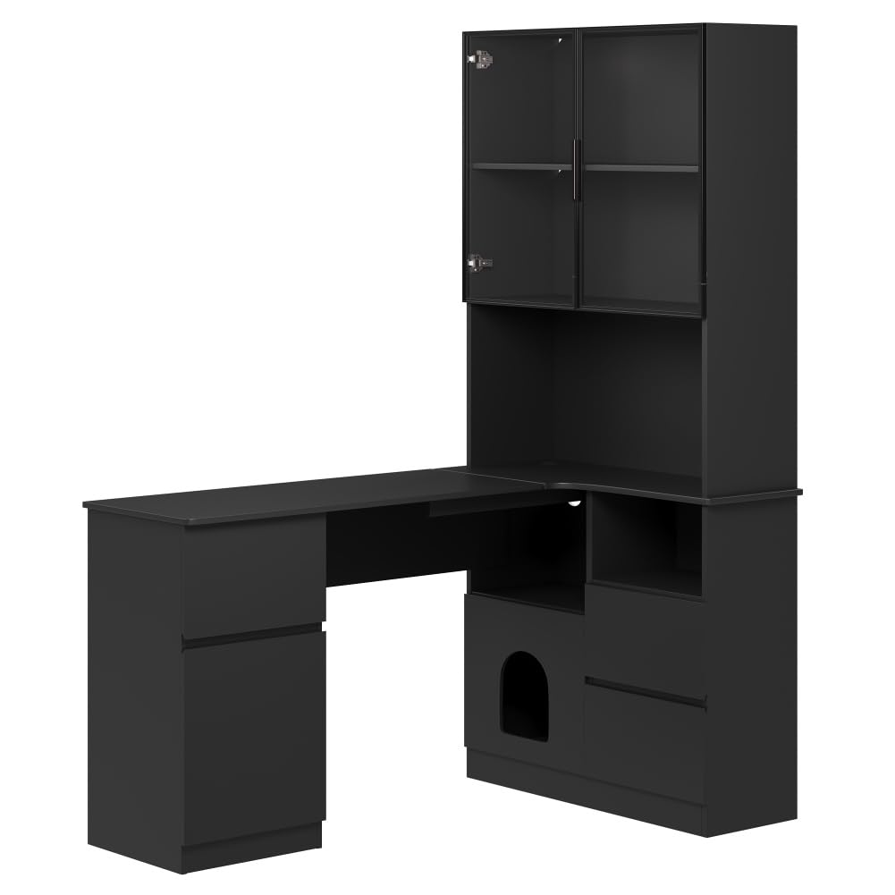 Bureau d'angle 120x80x180cm avec étagères et vitrine LED, Bureau Gaming avec Rangement, Meuble de Bureau pour Chambre et Bureau à Domicile (Noir-Droit)