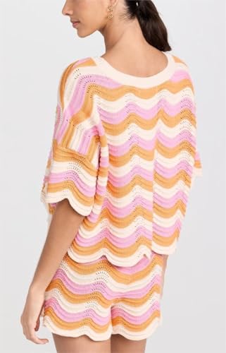 NIFTRIRY 2 Piece Sets for Women Short Sleeve Striepd Crochet Cover Up Tied Shorts Beach Clothes Pink4