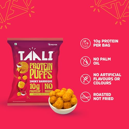 Image of Taali Jowar & Protein Puffs | 60 gm (Pack of 18) | Smoky Barbeque | Healthy Roasted Tasty Snacks, Ready to eat | 100% Veg., Gluten free products, No Cholesterol, No Trans-Fat