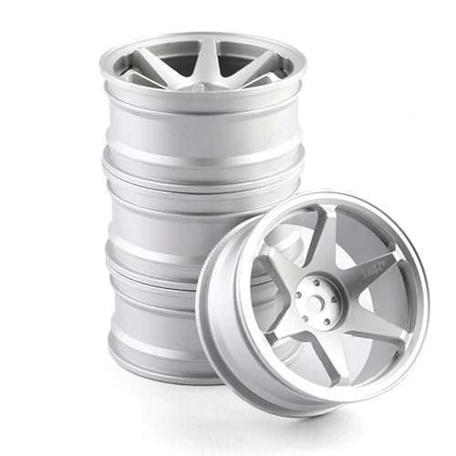 Chanmoo 1/10 RC On Road Wheels Rims 12mm Hex Alloy Aluminum Drift Hubs for 1:10 Rally Racing Car Tires Tamiya TT01 TT02 XV01 TA06 A959 PTG2 HPI KYOSHO HSP PTG2 Touring Street Tyres 4PCS (Silvery)