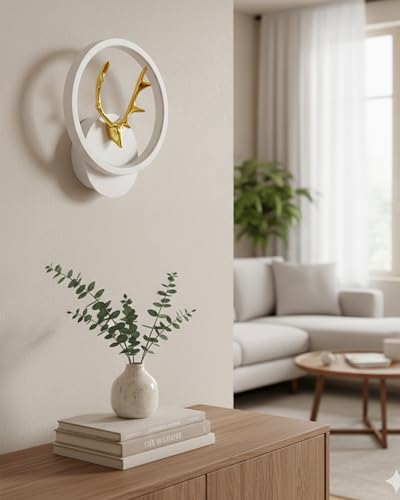 Image of Homesake LED Wall Lamp for Living Room Bedroom, Modern Golden Deer Decorative Wall Light, Warm White Indoor Designer Home Decor Light, Stag Face, Circular Frame, (White, Round)