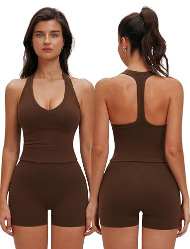 ABOCIW Workout Sets for Women V Neck Racerback Tank Top Matching Tummy Control High Waist Biker...