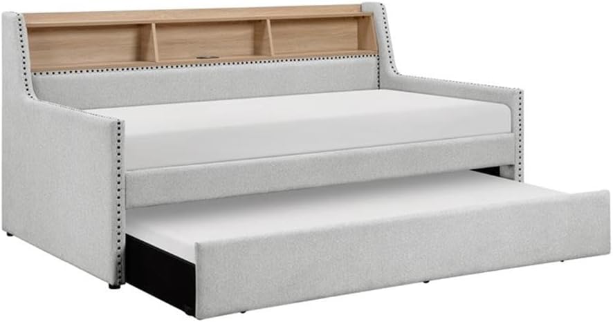 Pemberly Row Fabric Daybed with Trundle, Built-in Bookcase with Charging Port, Light Gray Textured Upholstery, Nailhead Trim, Engineered Wood Frame, 300 lb Capacity Per Bed, Multifunctional Guest or