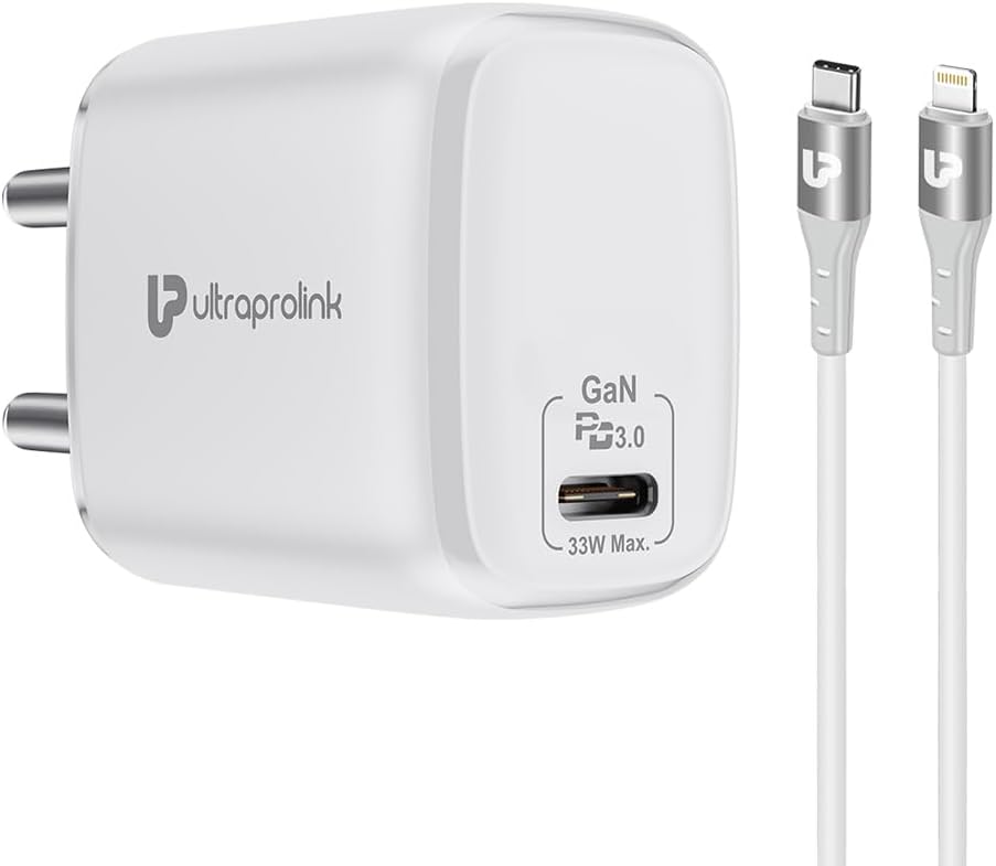 UltraProlink 33W PD-PPS GaN Fast Charger | Multi-Protocol | Made in India | iPhone14/13/12/11/x, iPad/mini/Air/Pro, Airpods 2nd Gen | Comes with PD Type C to iPhone Cable 1m | Boost PD33L | UM1102L