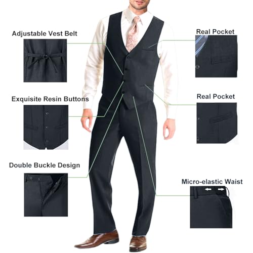 Image of Mens Suit Solid Two Button Slim Fit Suit Set for Wedding Formal Business Suit Men 3 Piece Suit Blazer Vest Pants Set