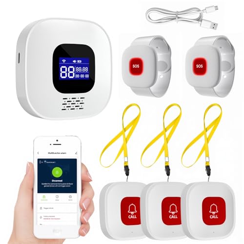 Life Alert System for Seniors No Monthly Fee,Medical Alert Wristband & Caregiver Pager,328ft Range Wi-Fi Emergency Call Button,1 Host Unit + 3 Buttons + 2 Bracelets for Home Use