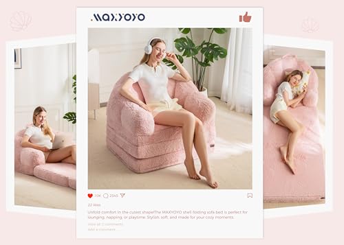 Image of MAXYOYO Folding Sofa Bed, 2 in 1 Convertible Sofa to Lounger Comfy Single Bean Bag Chair for Adults, Floor Couch with Handle, Faux Fur Couch Bed for Living Room Bedroom, Pink