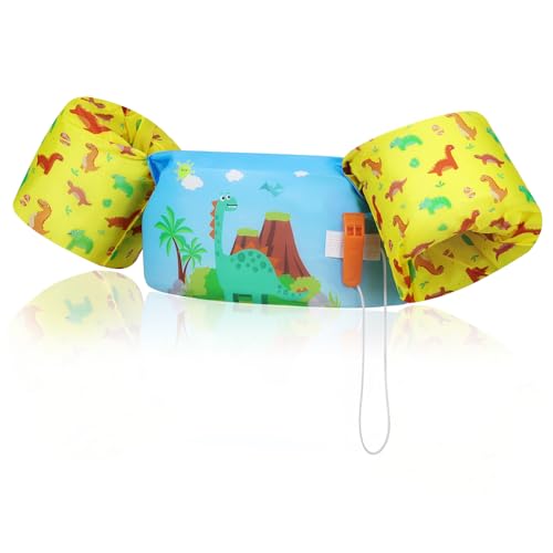 MoKo Manguitos de Natación para Niños, Chaleco Sin Inflación con Dibujo Animado para Aprender Nadar, Brazaletes Hinchables para Piscina Playa Parque Acuático Natación, Azul Amarillo Dinosaurio