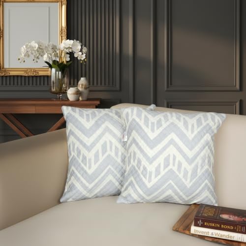 Image of STITCHNEST 'QuadraNest' Series Printed Quilted Velvet Cushion Cover 16x16 Inch Set of 2 | Premium Soft Fabric, Washable & Fade Resistant | Decorative Living Room Cushion Covers | Grey & Ivory Zigzag